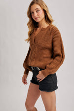 Split Neck Cable Sweater Pullover | Mocha