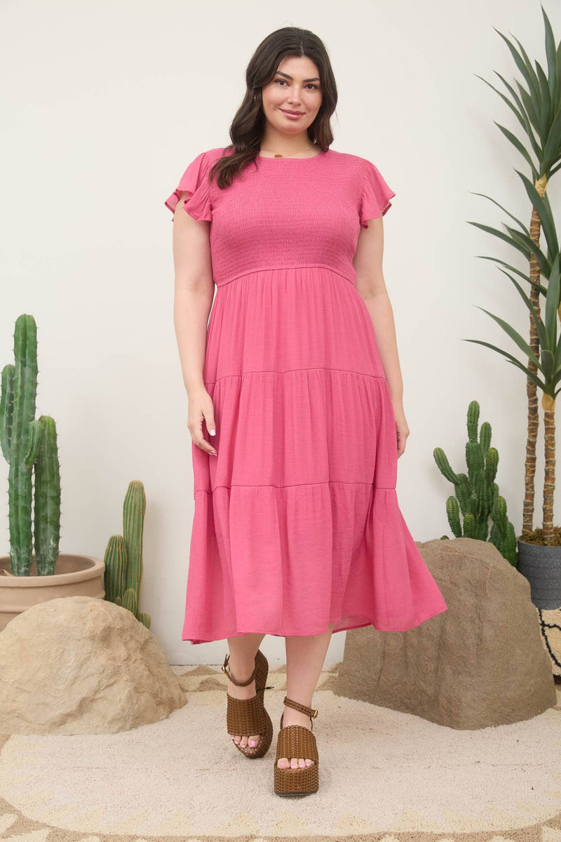 Curvy Smocked Tiered Midi Dress | Dusty Fuchsia
