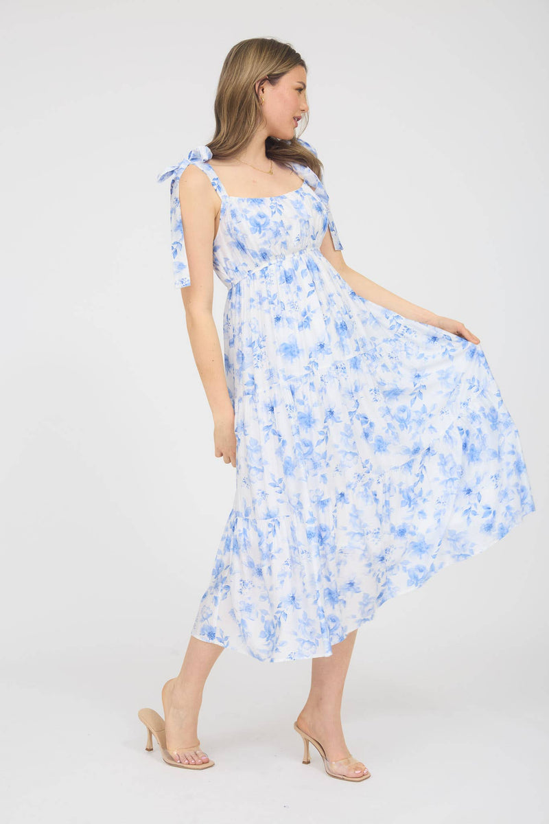 The Lindsay Floral Tie Strap Tiered Midi Dress | Blue