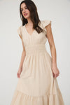 Josephina Shirred Waist Ruffle Sleeve Midi Dress | Khaki
