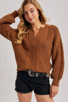 Split Neck Cable Sweater Pullover | Mocha