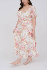 Curvy Floral Print Puff Sleeve Midi | Pink