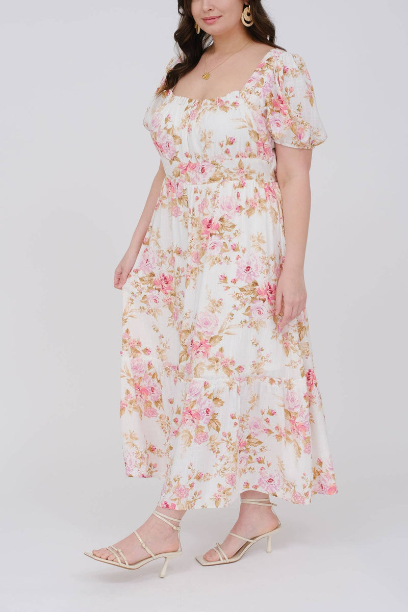 Curvy Floral Print Puff Sleeve Midi | Pink