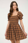 Plaid Smocked Puff Sleeve Mini Dress | Brown