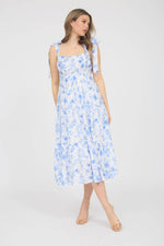 The Lindsay Floral Tie Strap Tiered Midi Dress | Blue