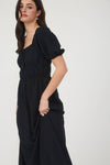 Solid Smocked Waist Balloon Sleeve Midi Dress | Black