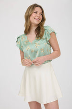 Floral Print V-Neck Scallop Satin Blouse | Dusty Mint
