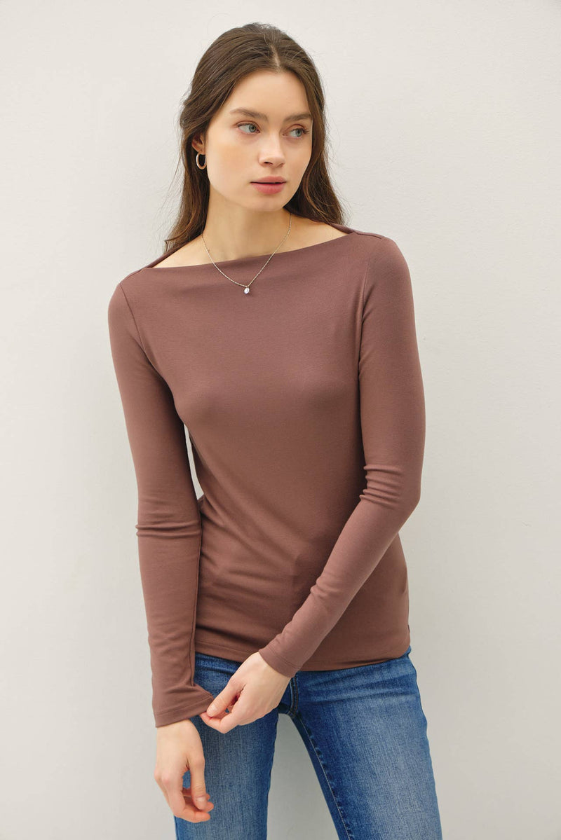 Wide Neck Knit Top | Brown