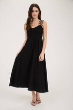 Sweetheart Smocked Bow Strap Midi Dress | Black