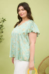 Curvy Floral Print V-Neck Scallop Satin Blouse | Dusty Mint