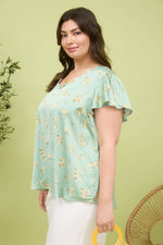 Curvy Floral Print V-Neck Scallop Satin Blouse | Dusty Mint