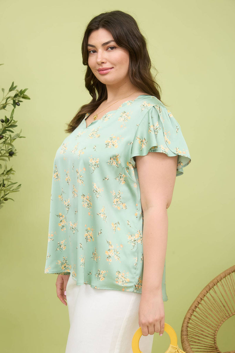 Curvy Floral Print V-Neck Scallop Satin Blouse | Dusty Mint