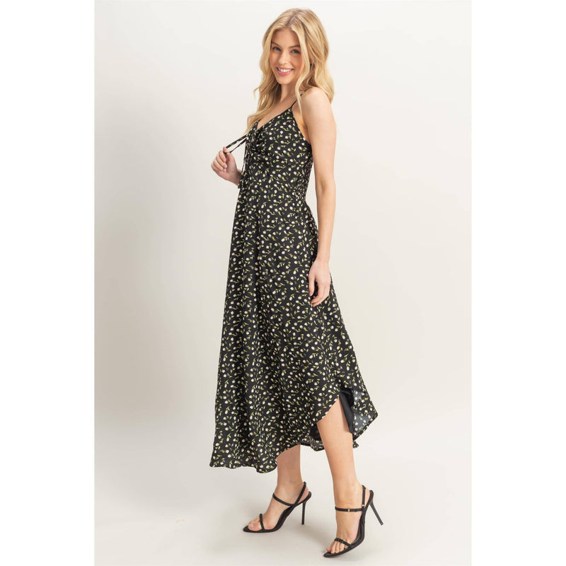 Ditsy Floral Print Sleeveless Midi Dress | Black