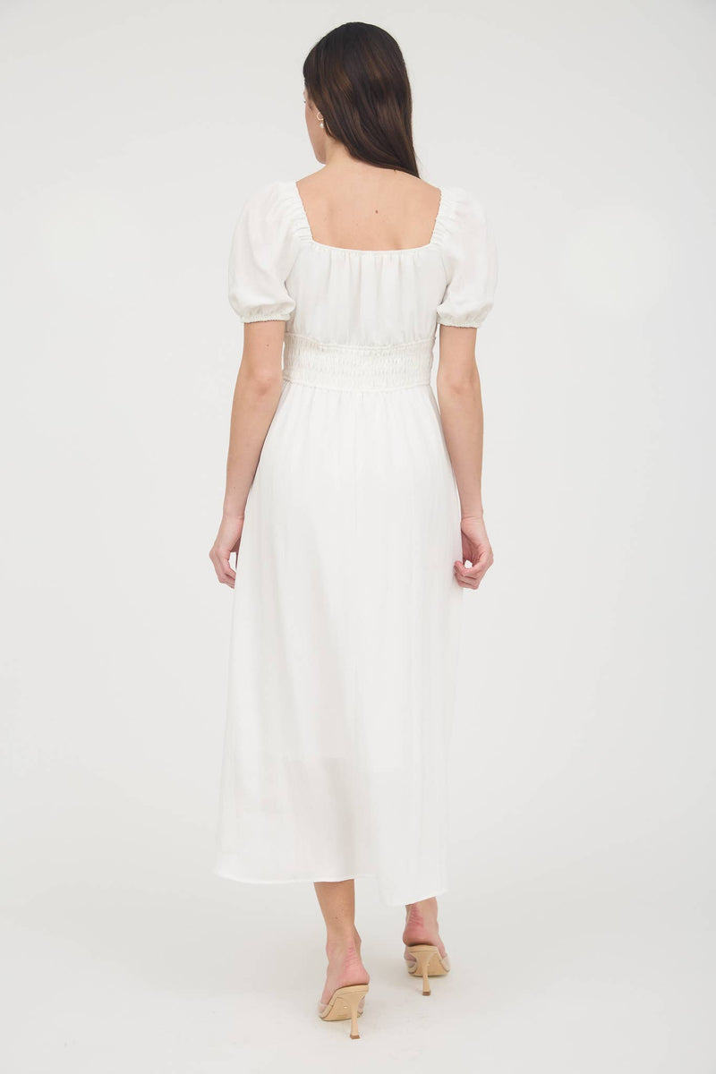 Solid Smocked Waist Balloon Sleeve Midi Dress | Off-White
