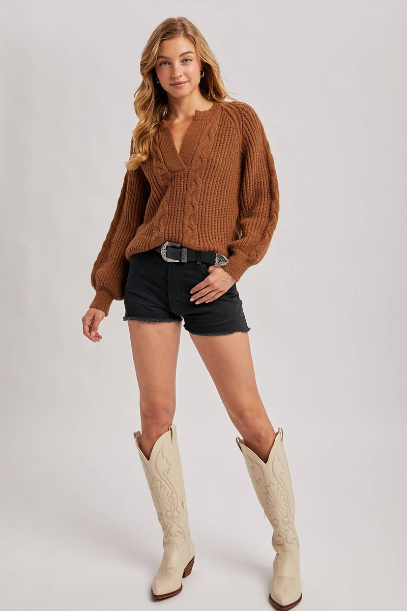 Split Neck Cable Sweater Pullover | Mocha