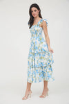 Floral Smocked Sleeveless Ruffle Tiered Dress | Blue
