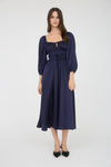 Satin Long Sleeve Shirred Waist Maxi Dress | Navy