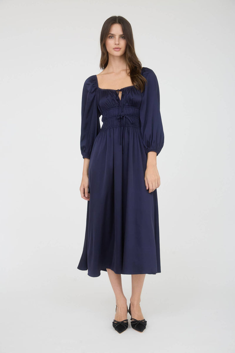 Satin Long Sleeve Shirred Waist Maxi Dress | Navy