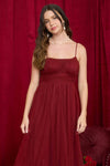 Polka Dot Tulle Spaghetti Strap Midi Dress | Burgundy