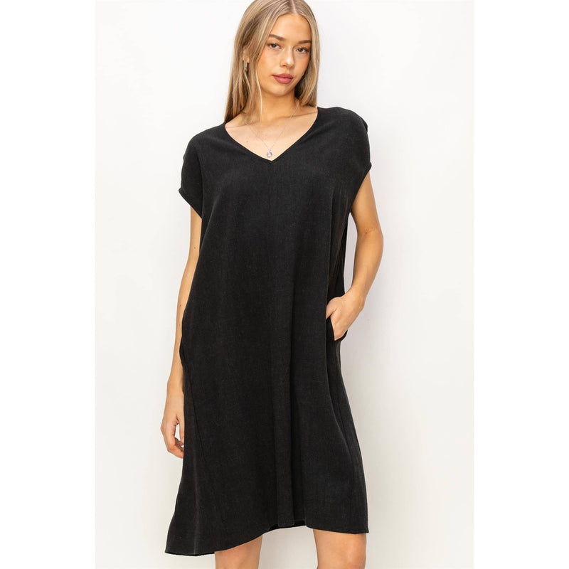 V-Neck Oversized Linen Midi Dress | Black