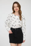 Bow Pattern Round Neck Long Sleeve Blouse | Cream
