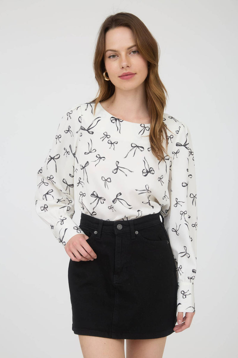 Bow Pattern Round Neck Long Sleeve Blouse | Cream