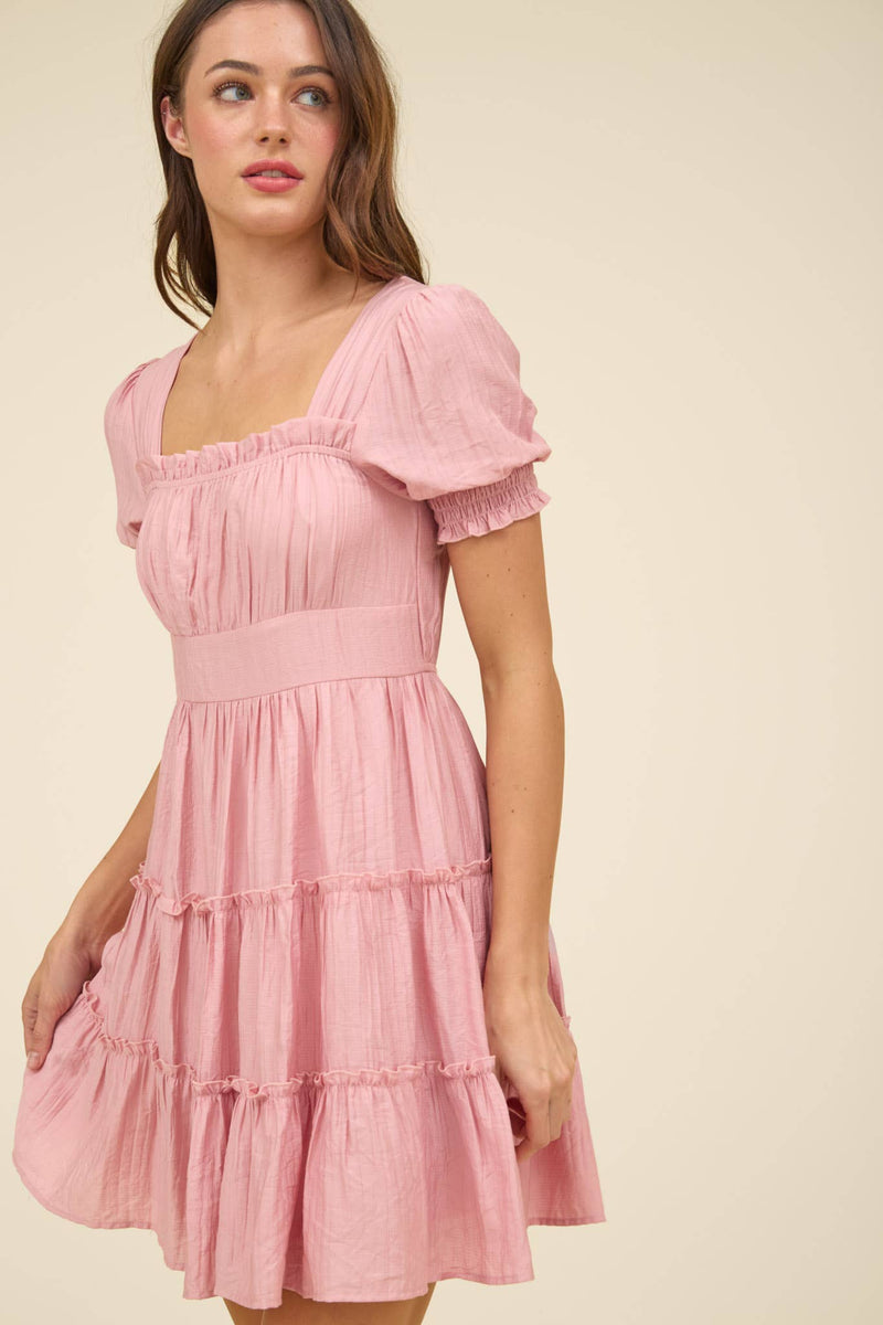 Square Neck Smocked Detail Tiered Mini Dress | Navy