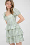 Strip Floral Puff Sleeve Tiered Mini Dress | Sage