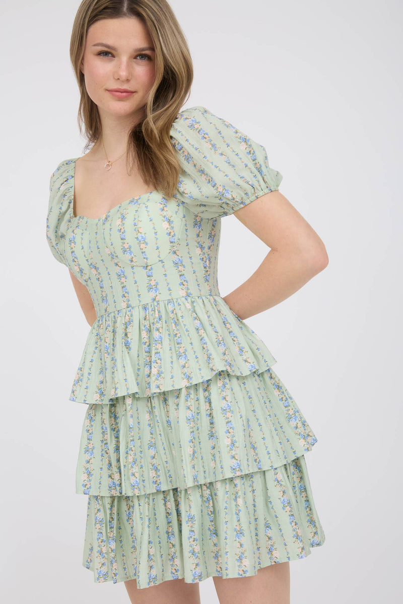 Strip Floral Puff Sleeve Tiered Mini Dress | Sage