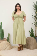 Curvy Smocked Front Tie Button Down Midi Dress | Light Olive
