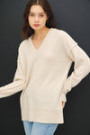 Oversized V-Neck Sweater With Raw Seam | Natural