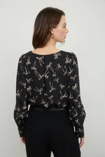 Bow Pattern Round Neck Long Sleeve Blouse | Black