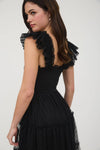 Garden Party Polka Dot Chiffon Tiered Midi Dress | Black