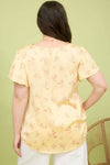 Curvy Floral Print V-Neck Scallop Satin Blouse | Yellow