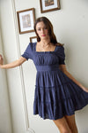 Square Neck Smocked Detail Tiered Mini Dress | Navy