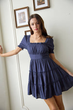 Square Neck Smocked Detail Tiered Mini Dress | Navy