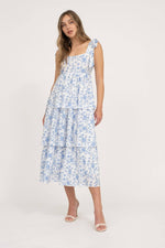 Floral Tie Strap Ruffle Tiered Midi Dress | Blue