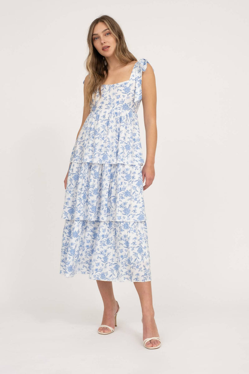 Floral Tie Strap Ruffle Tiered Midi Dress | Blue