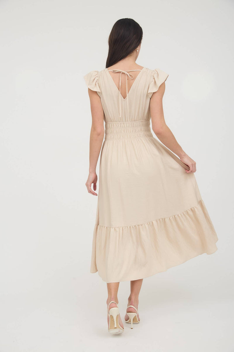 Josephina Shirred Waist Ruffle Sleeve Midi Dress | Khaki