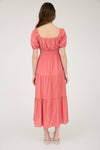 V-Neck Front Tie Puff Sleeve Tiered Midi Dress | Coral