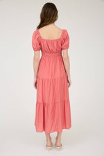 V-Neck Front Tie Puff Sleeve Tiered Midi Dress | Coral