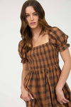 Plaid Smocked Puff Sleeve Mini Dress | Brown