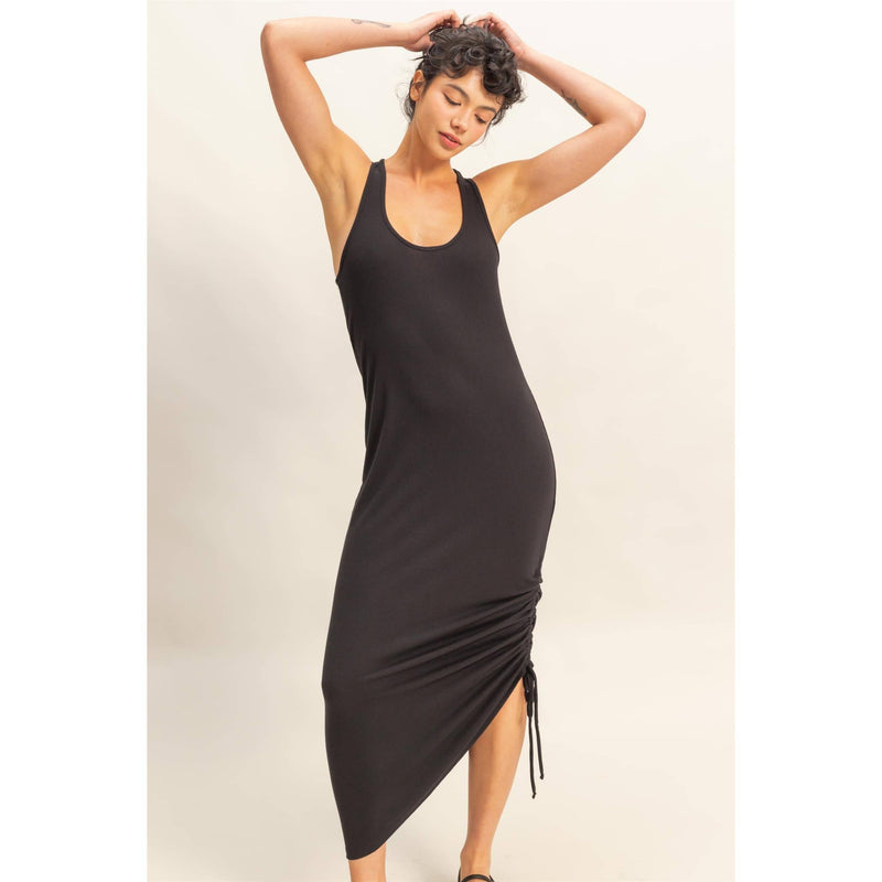 Scoop Neck Side Tie Detail Midi Dress | Black