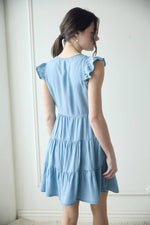 The Sara Chambray Button Down Tiered Mini Dress