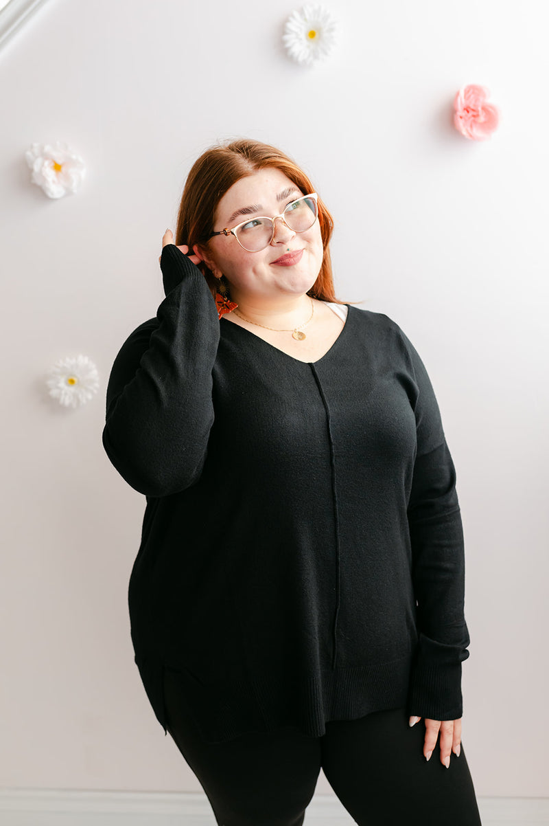 Curvy Knit Front Seam Sweater | Black