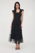 Garden Party Polka Dot Chiffon Tiered Midi Dress | Black