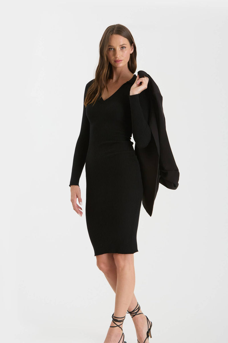 Collared Knit Midi Dress | Black