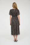 Floral Smocked Puff Sleeve Chiffon Midi Dress | Black