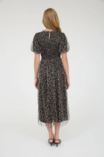 Floral Smocked Puff Sleeve Chiffon Midi Dress | Black