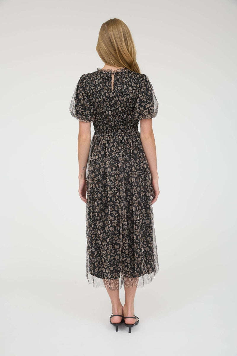 Floral Smocked Puff Sleeve Chiffon Midi Dress | Black